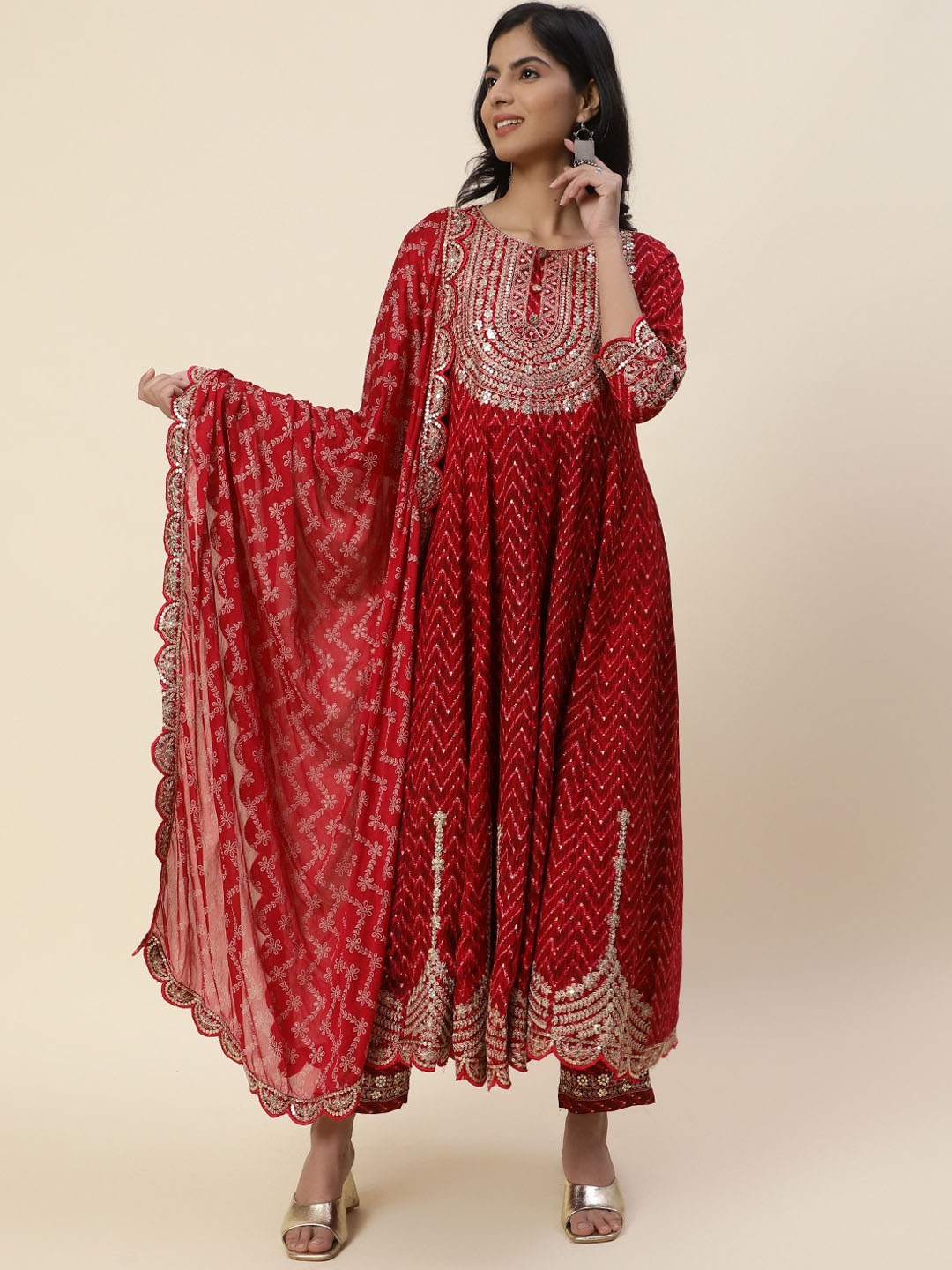 

Meena Bazaar Embroidered Sequinned Kurta with Trousers & With Dupatta, Maroon