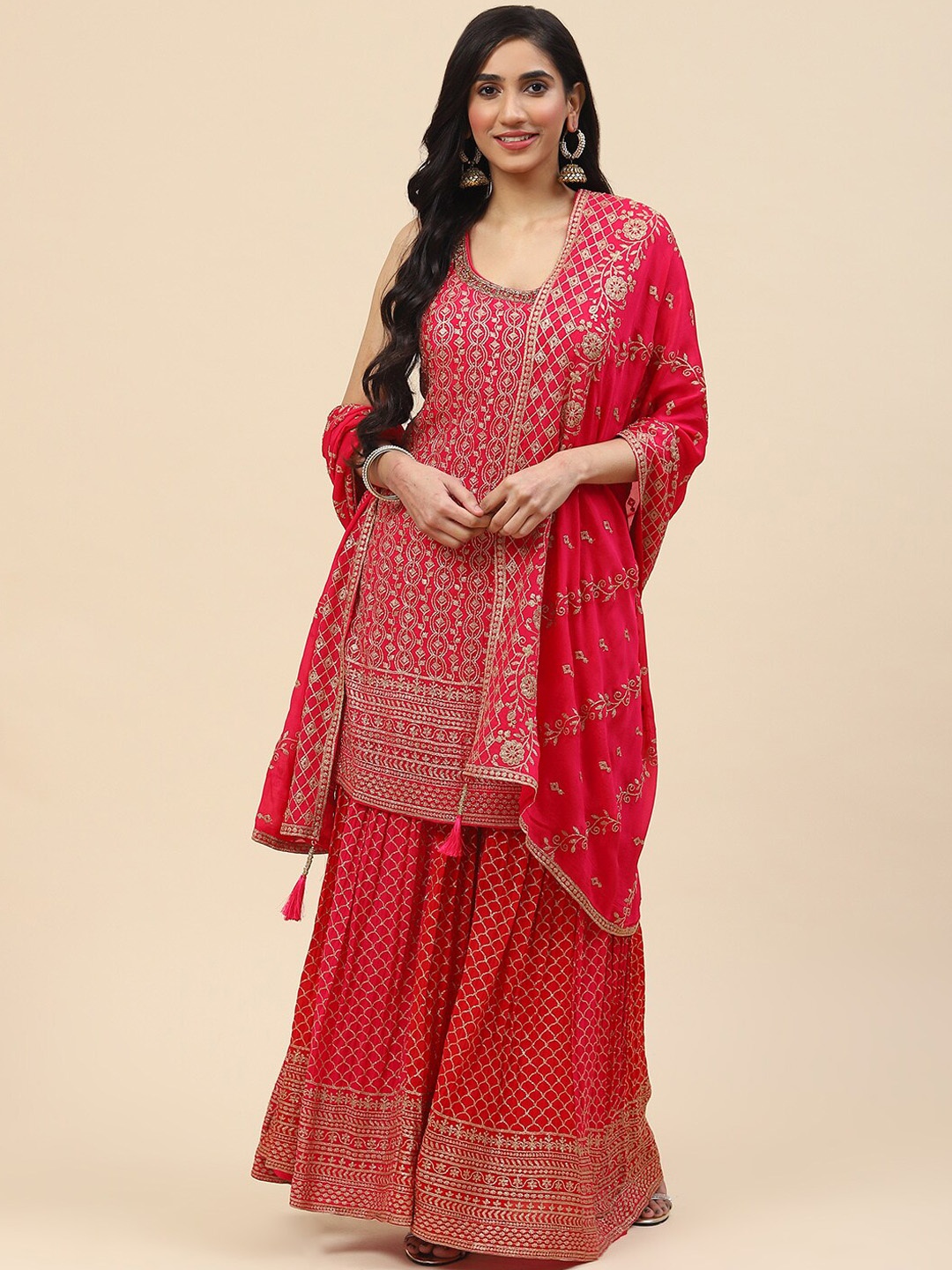 

Meena Bazaar Floral Embroidered Kurta with Sharara & With Dupatta, Pink