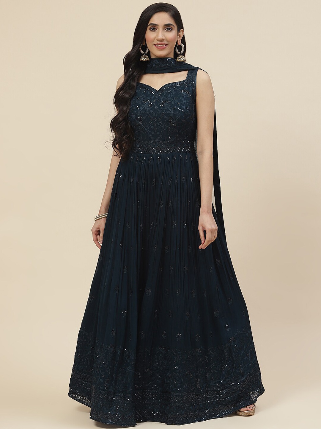 

Meena Bazaar Floral Embroidered Sequinned Georgette Kurta with Churidar & With Dupatta, Navy blue