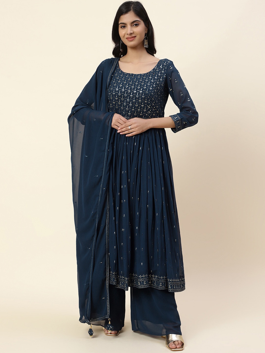 

Meena Bazaar Women Ethnic Motifs Embroidered Sequinned Kurta With Palazzos & Dupatta, Teal