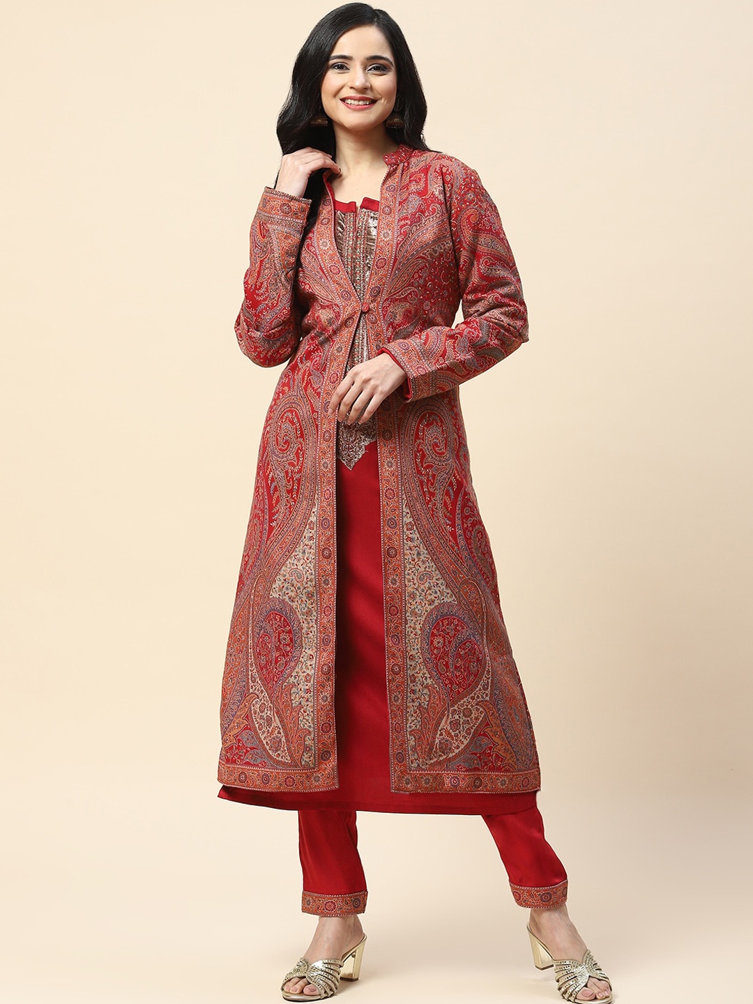 

Meena Bazaar Women Mirror Work Kurta With Trousers & Jacket, Red