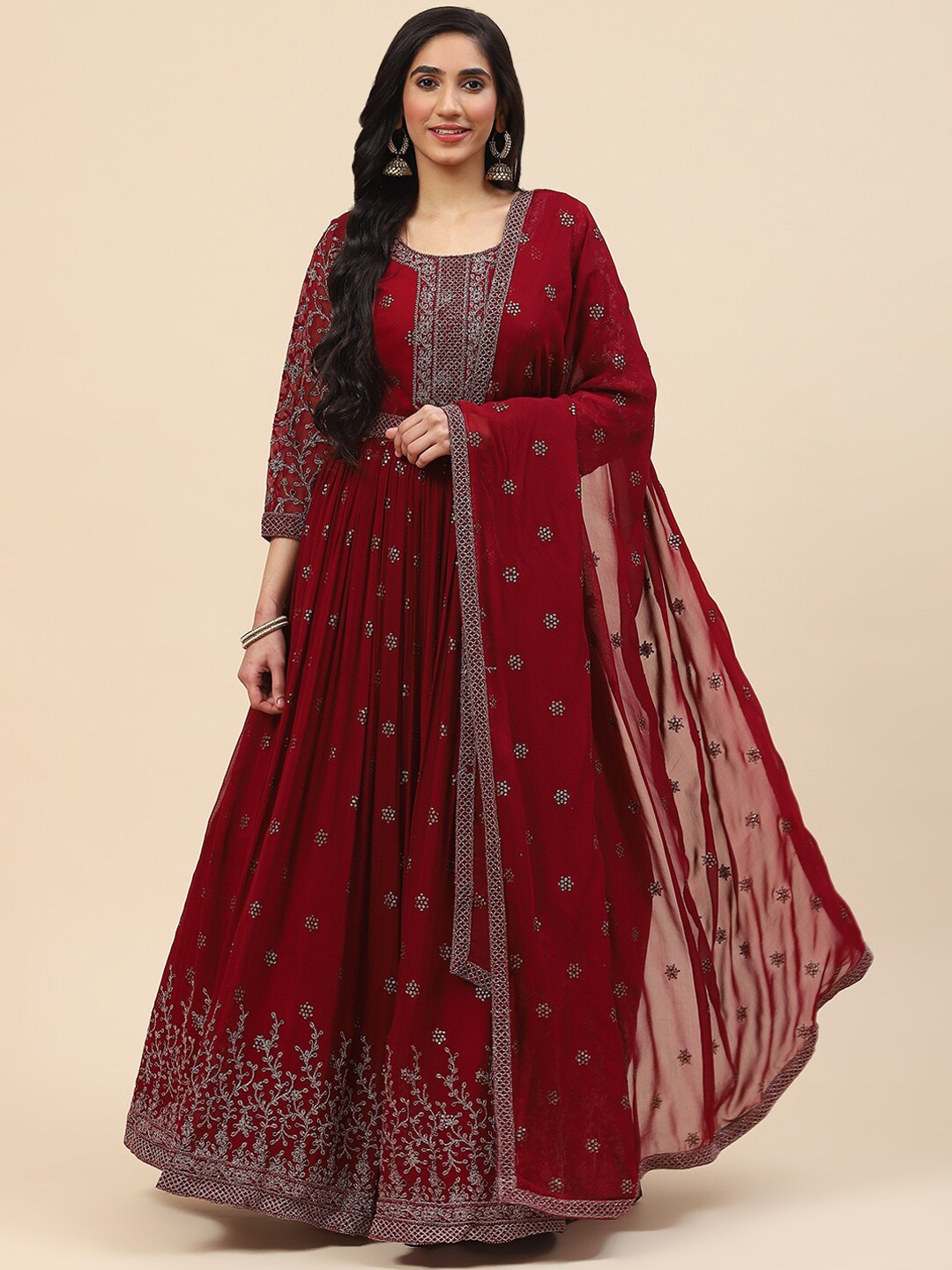 

Meena Bazaar Women Ethnic Motifs Embroidered Sequinned Kurta With Churidar & Dupatta, Maroon
