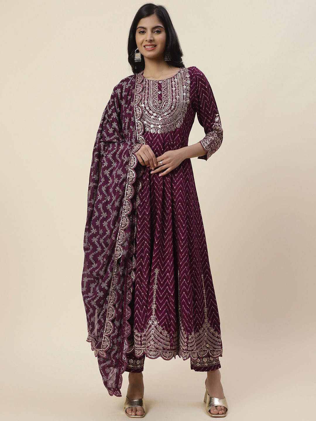 

Meena Bazaar Women Ethnic Motifs Embroidered Pure Cotton Kurta With Trousers & Dupatta, Purple