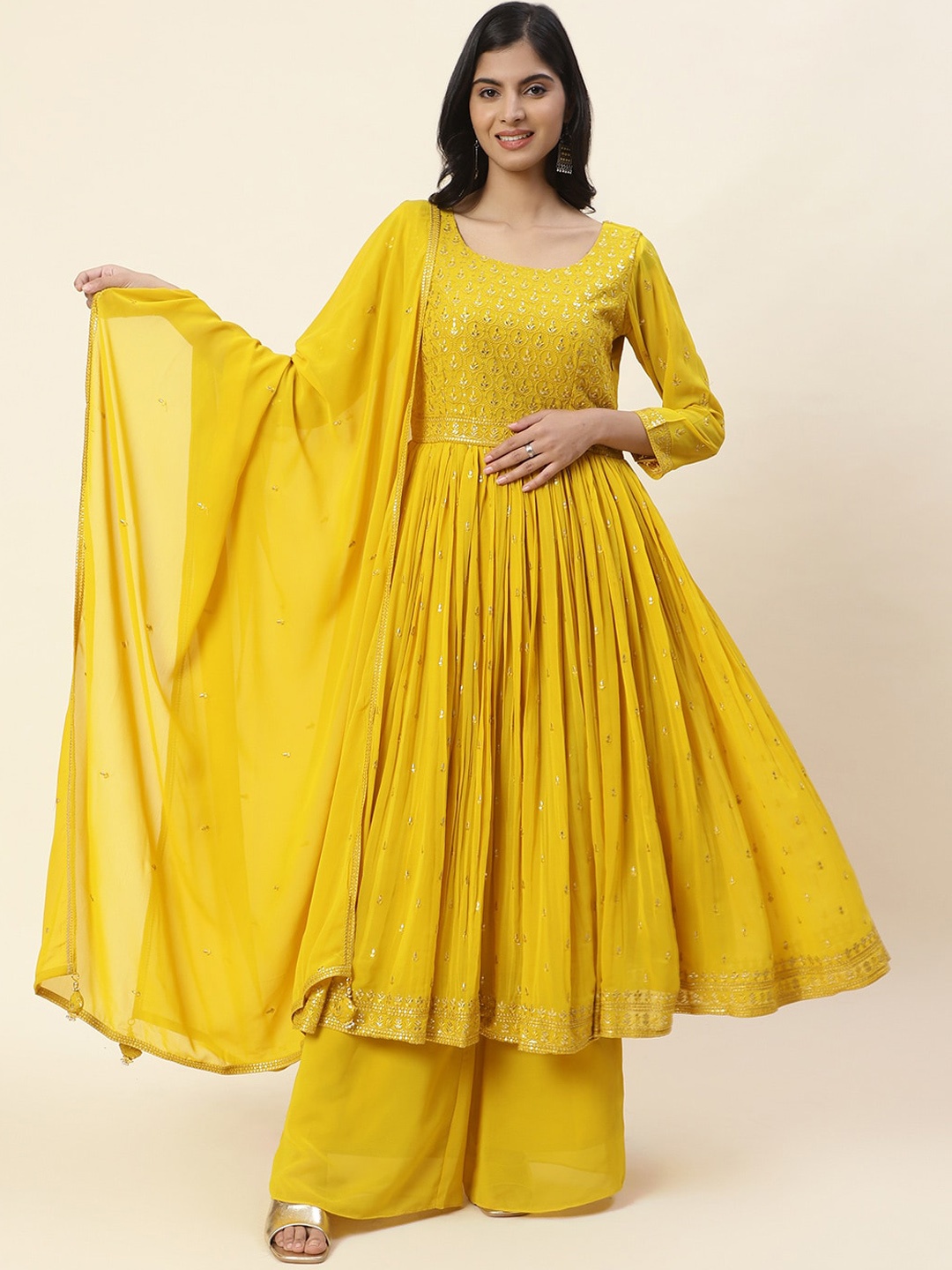 

Meena Bazaar Women Ethnic Motifs Embroidered Sequinned Kurta With Palazzos & Dupatta, Mustard