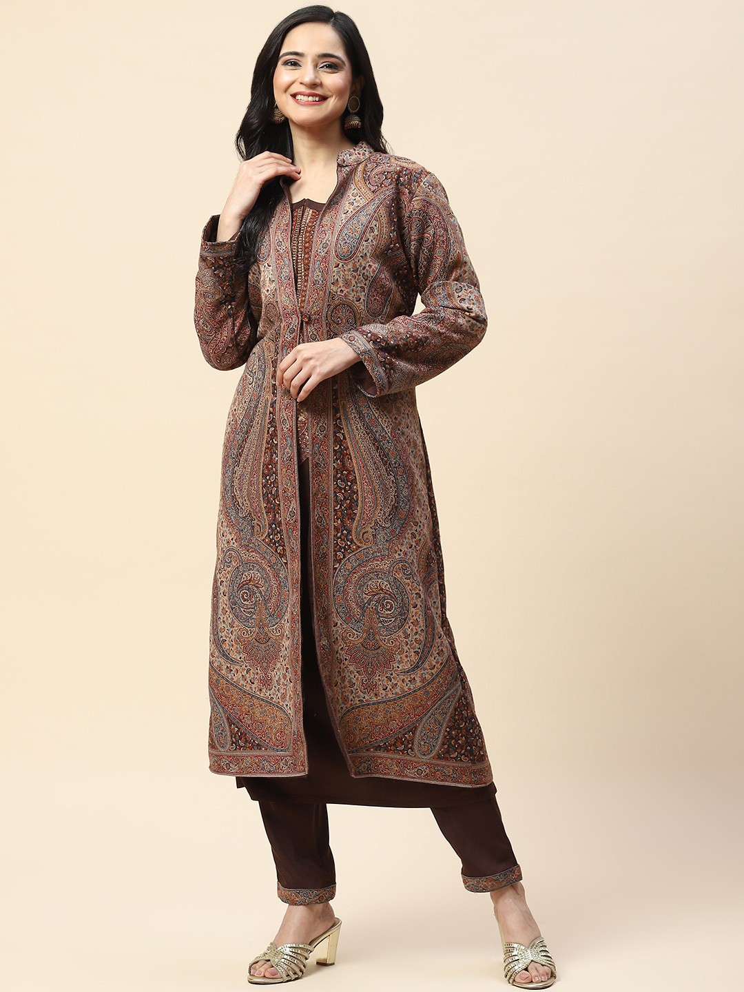 

Meena Bazaar Ethnic Motifs Embroidered Kurta with Trousers & Jacket, Brown