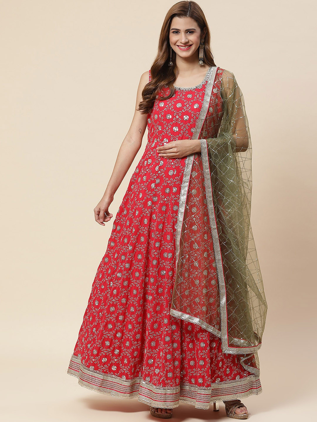 

Meena Bazaar Women Ethnic Motifs Embroidered Sequinned Kurta With Trousers & Dupatta, Red