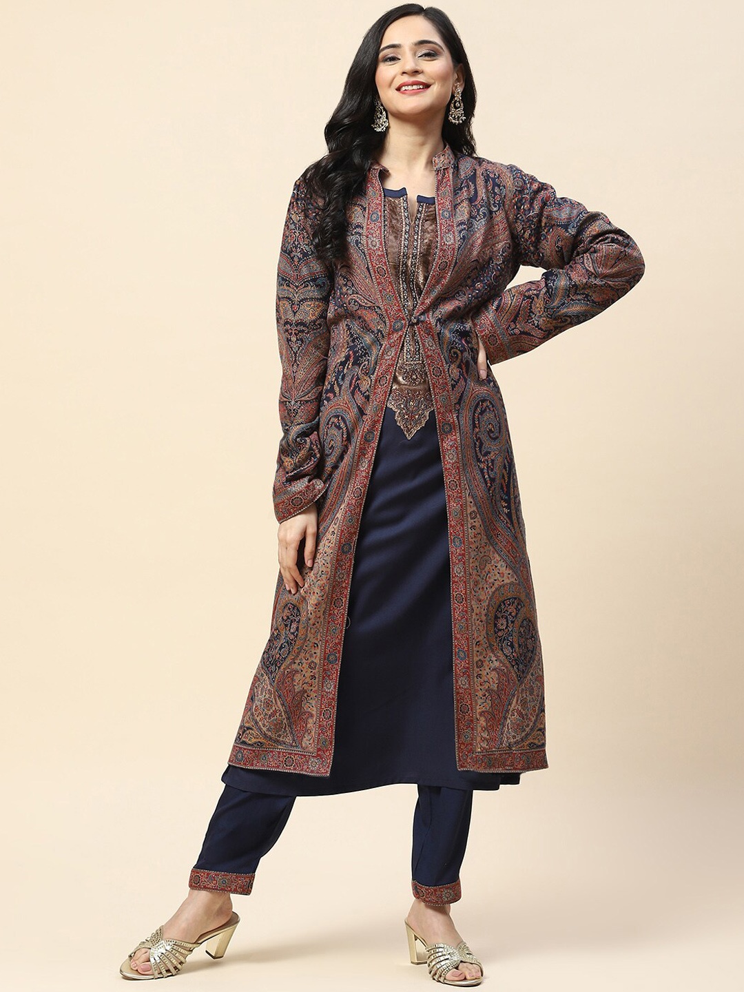 

Meena Bazaar Women Navy Blue Floral Embroidered Kurta with Trousers