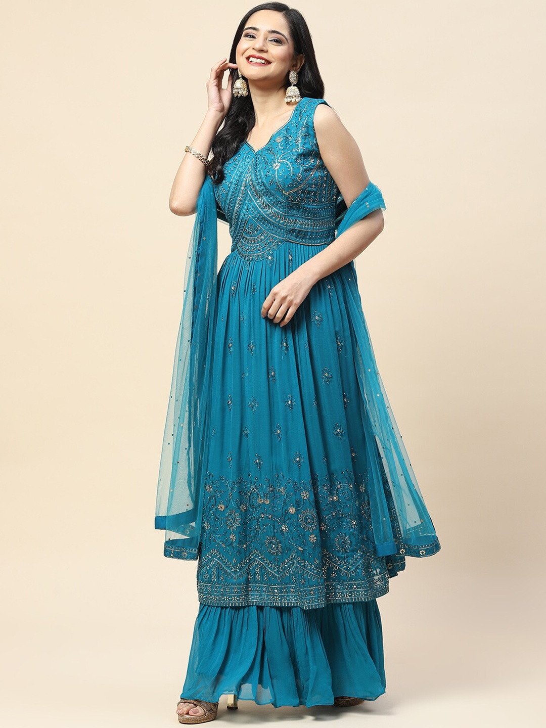

Meena Bazaar Women Floral Embroidered Sequinned Kurta with Palazzos & Dupatta, Teal