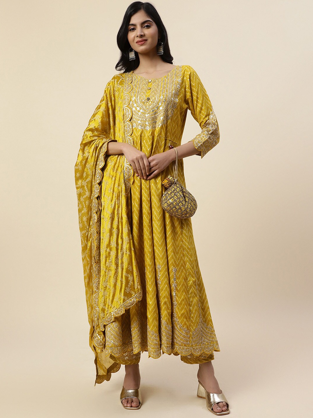 

Meena Bazaar Women Printed Sequinned Kurta with Trousers & Dupatta, Mustard