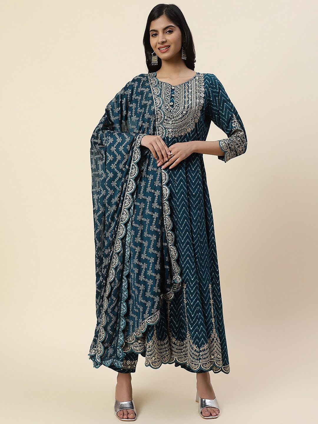 

Meena Bazaar Women Embroidered Sequinned Pure Cotton Kurta with Trousers & Dupatta, Teal
