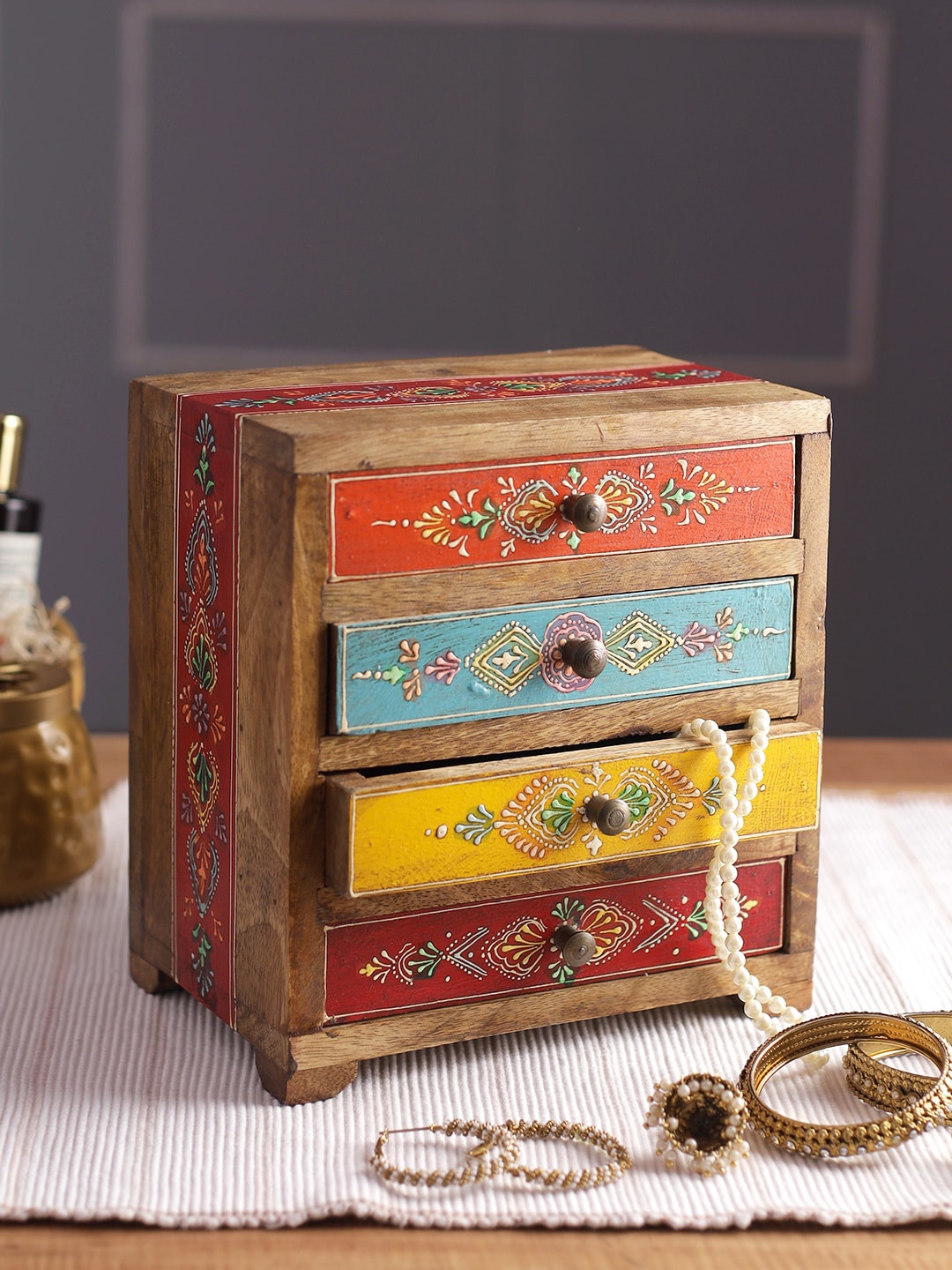 

Aapno Rajasthan Chest of Drawer Brown & Yellow Floral Wooden Organiser
