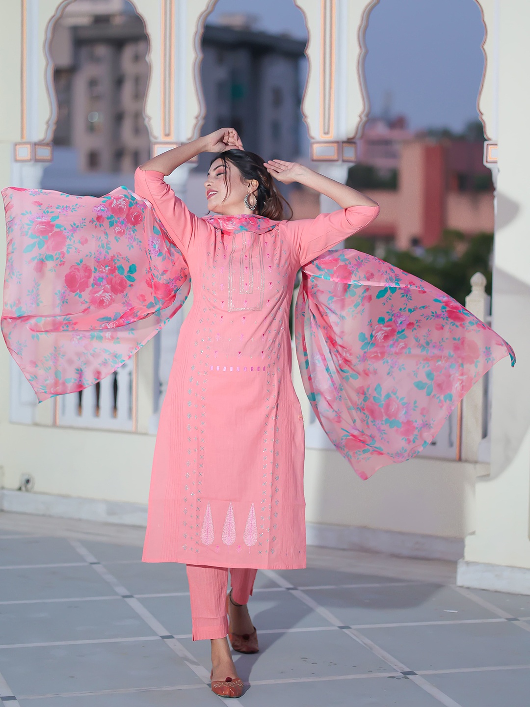 

Ramas Women Embroidered Sequinned Pure Cotton Kurta with Trousers & Dupatta, Peach
