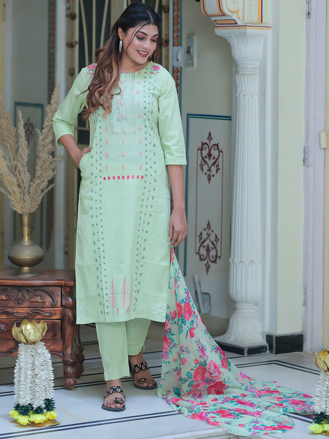 

Ramas Women Floral Embroidered Sequinned Pure Cotton Kurta with Trousers & Dupatta, Green