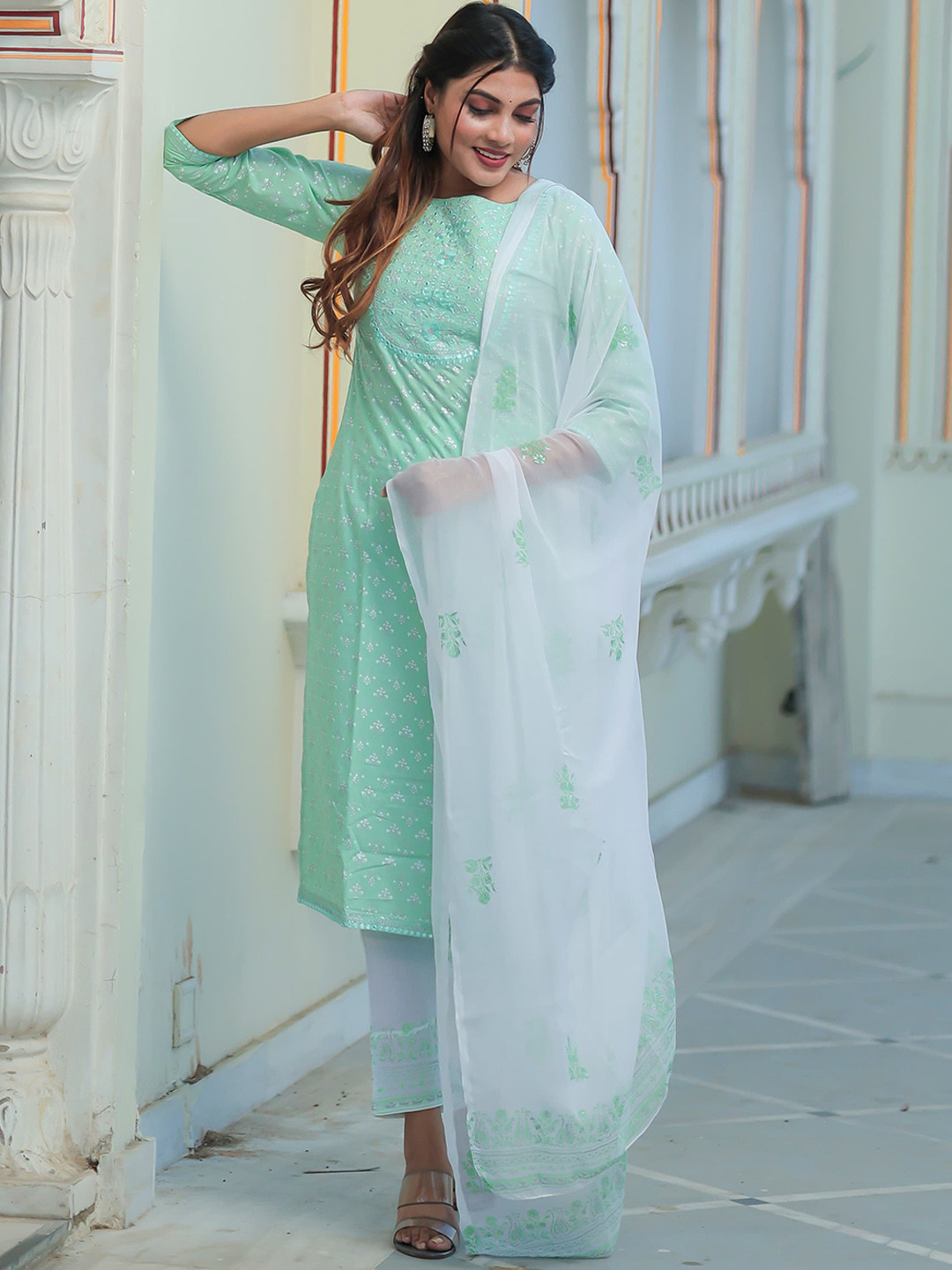 

Ramas Women Floral Printed Mirror Work Pure Cotton Kurta with Trousers & Dupatta, Green
