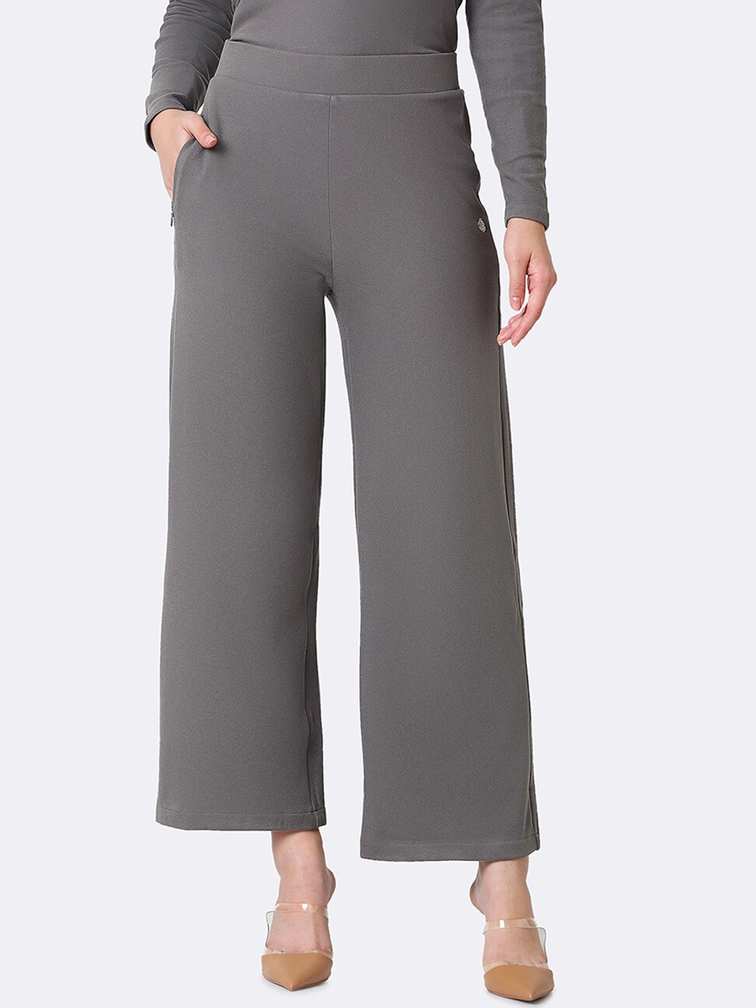 

Van Heusen Women Athleisure Zipper Pocket High Waist Wide Leg Trousers, Grey