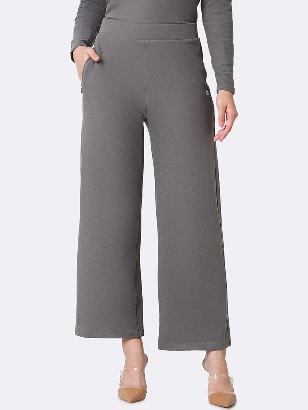 

Van Heusen Athleisure Women Zipper Pocket High Waist Wide Leg Pants, Grey