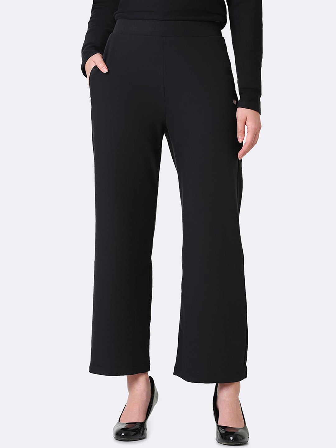 

Van Heusen Athleisure Women Zipper Pocket High Waist Wide Leg Pants, Black