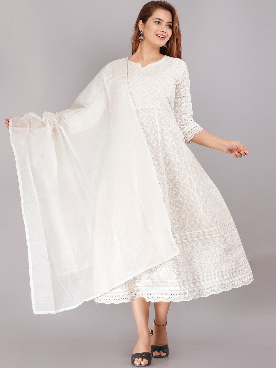 

EtnicaWear Women Embroidered Thread Work White Romance Anarkali Kurta