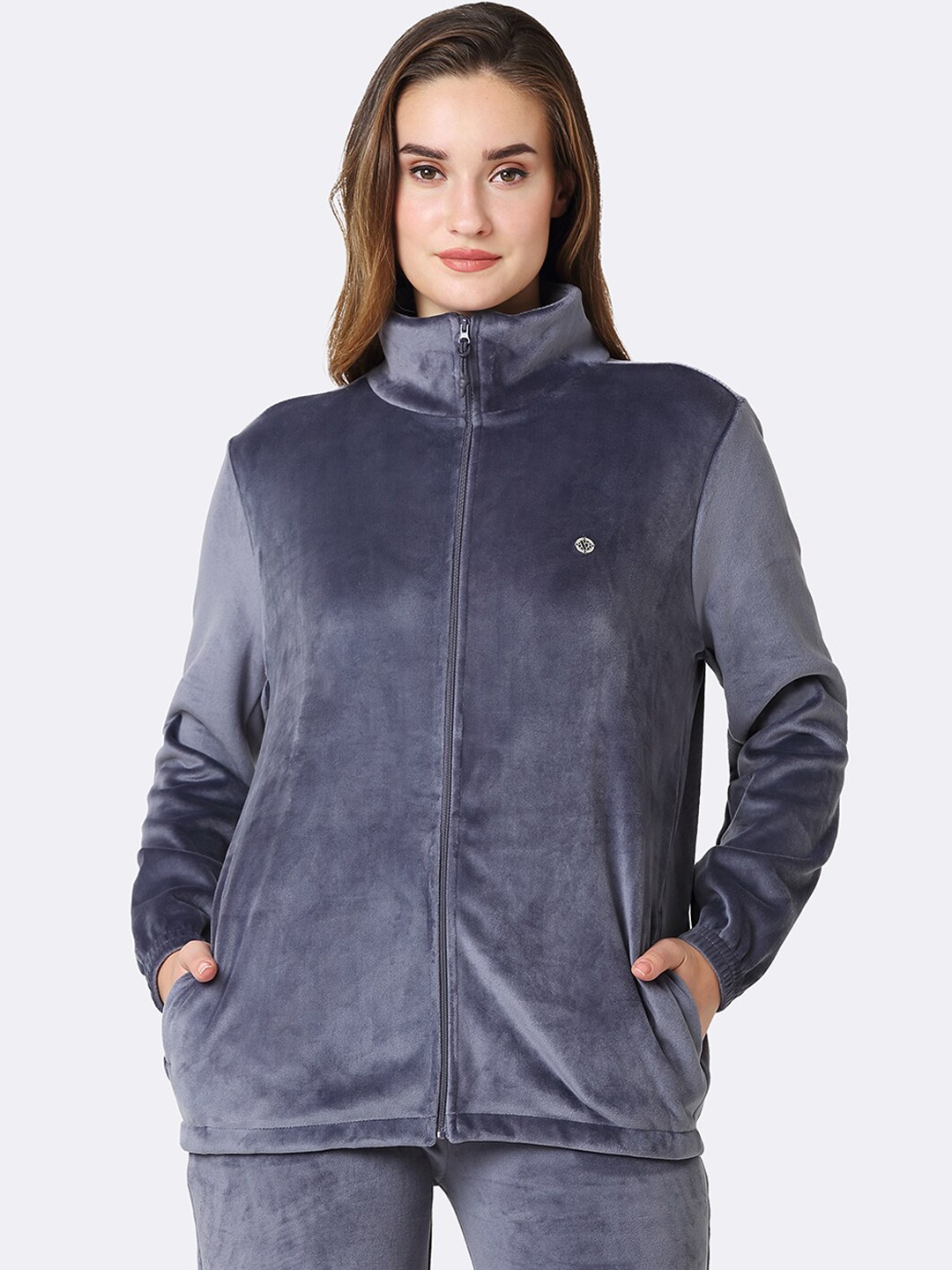 

Van Heusen Athleisure Women Full Sleeve High Neck Velour Jacket, Grey