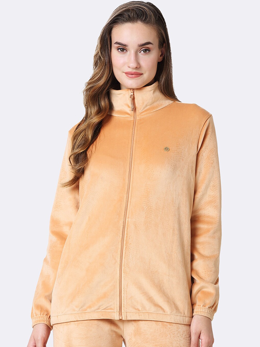 

Van Heusen Athleisure Women Full Sleeve High Neck Velour Jacket, Orange