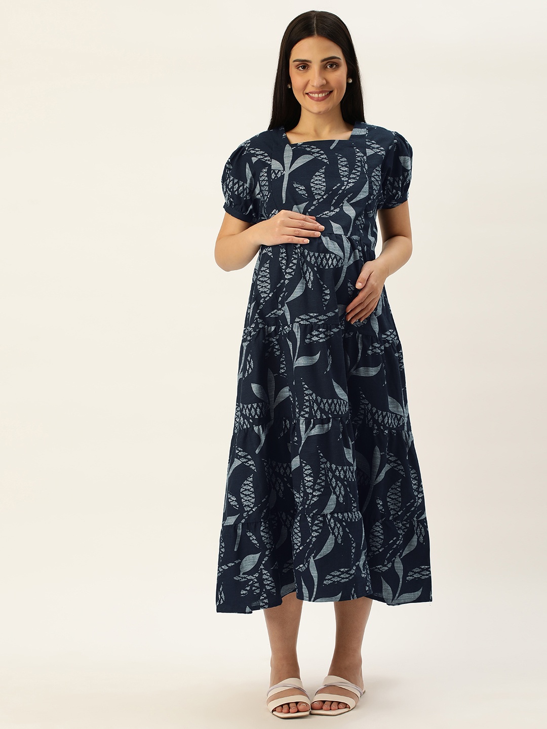 

Nejo Printed Maternity A-Line Midi Dress, Navy blue