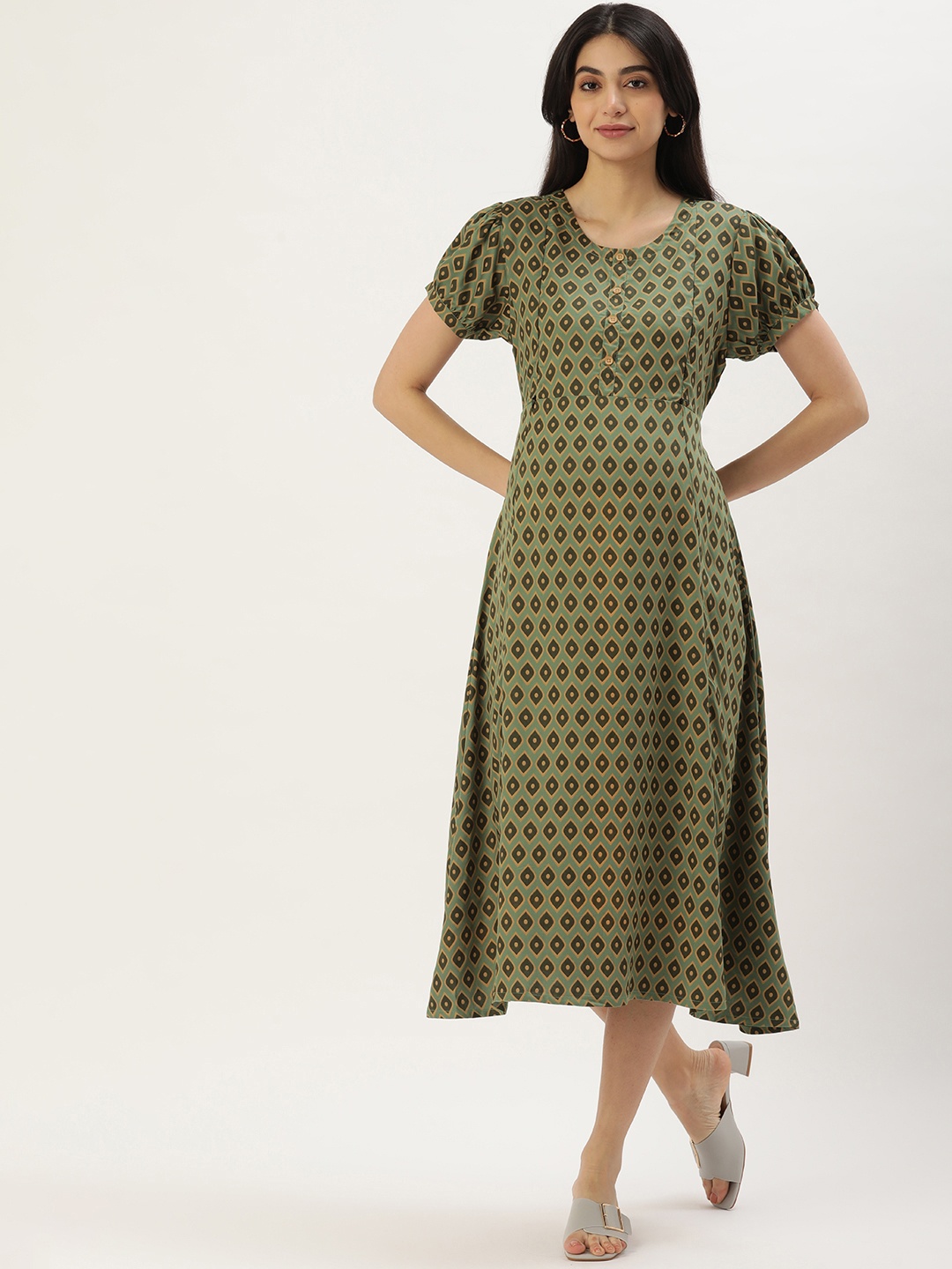 

Nejo Ethnic Motifs Maternity A-Line Midi Dress, Olive