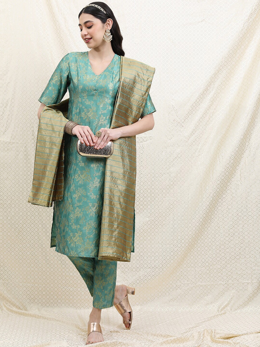 

Vishudh Women Poly Brocade Kurta with Trousers & Dupatta, Sea green