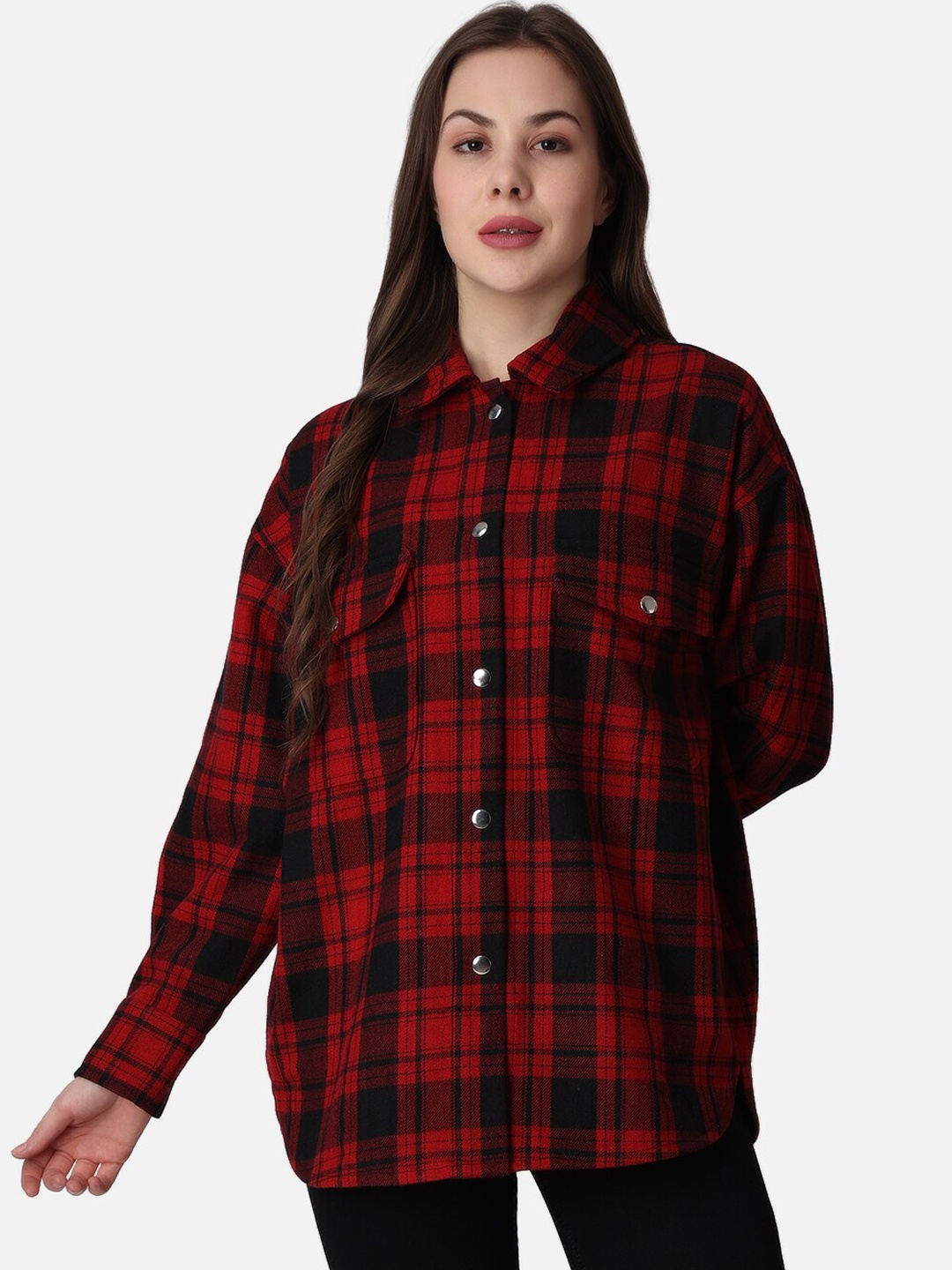 

The Label Bar Women Tartan Checked Overshirt Jacket, Red