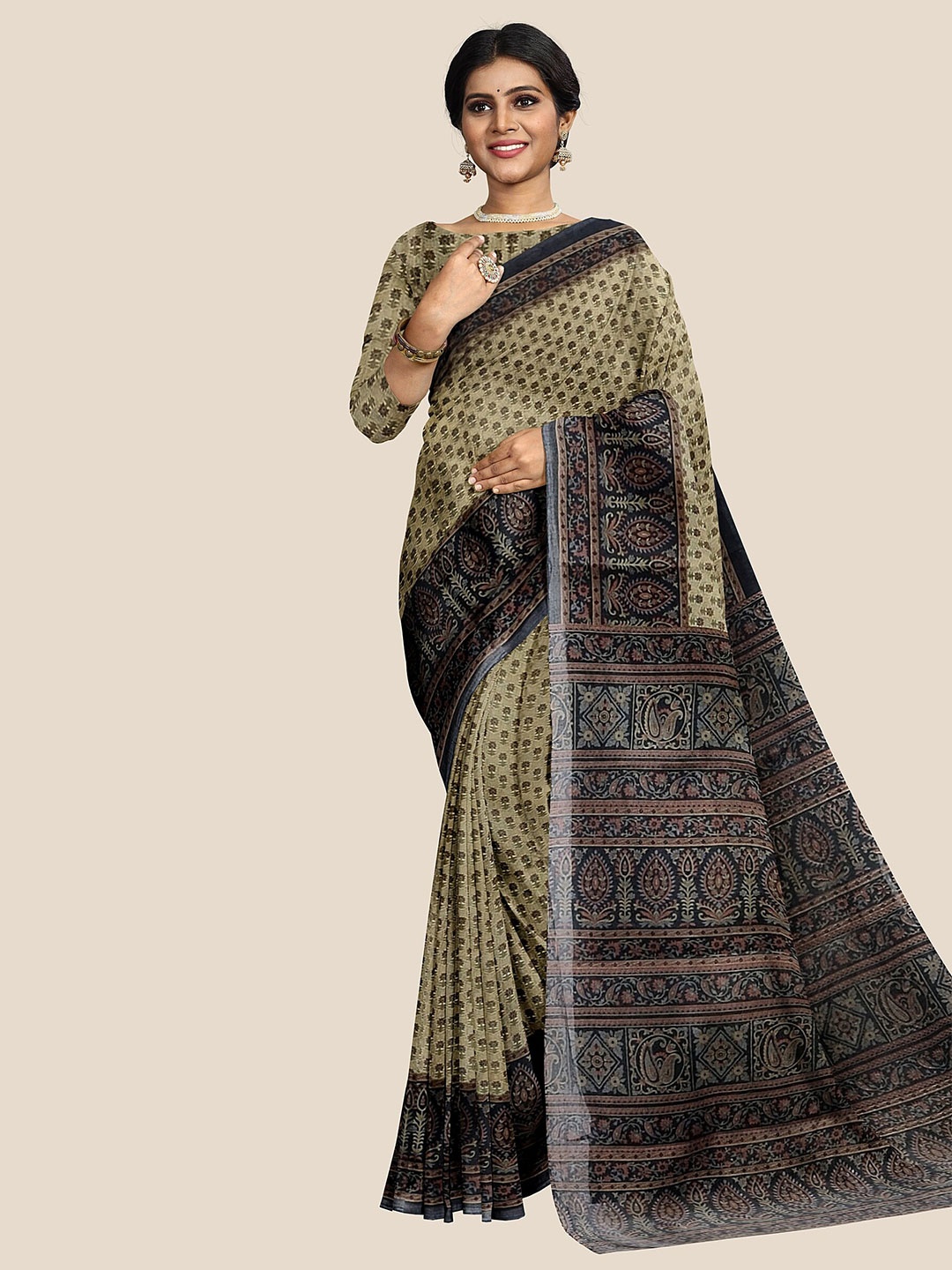 

The Chennai Silks Floral Printed Pure Cotton Saree, Beige