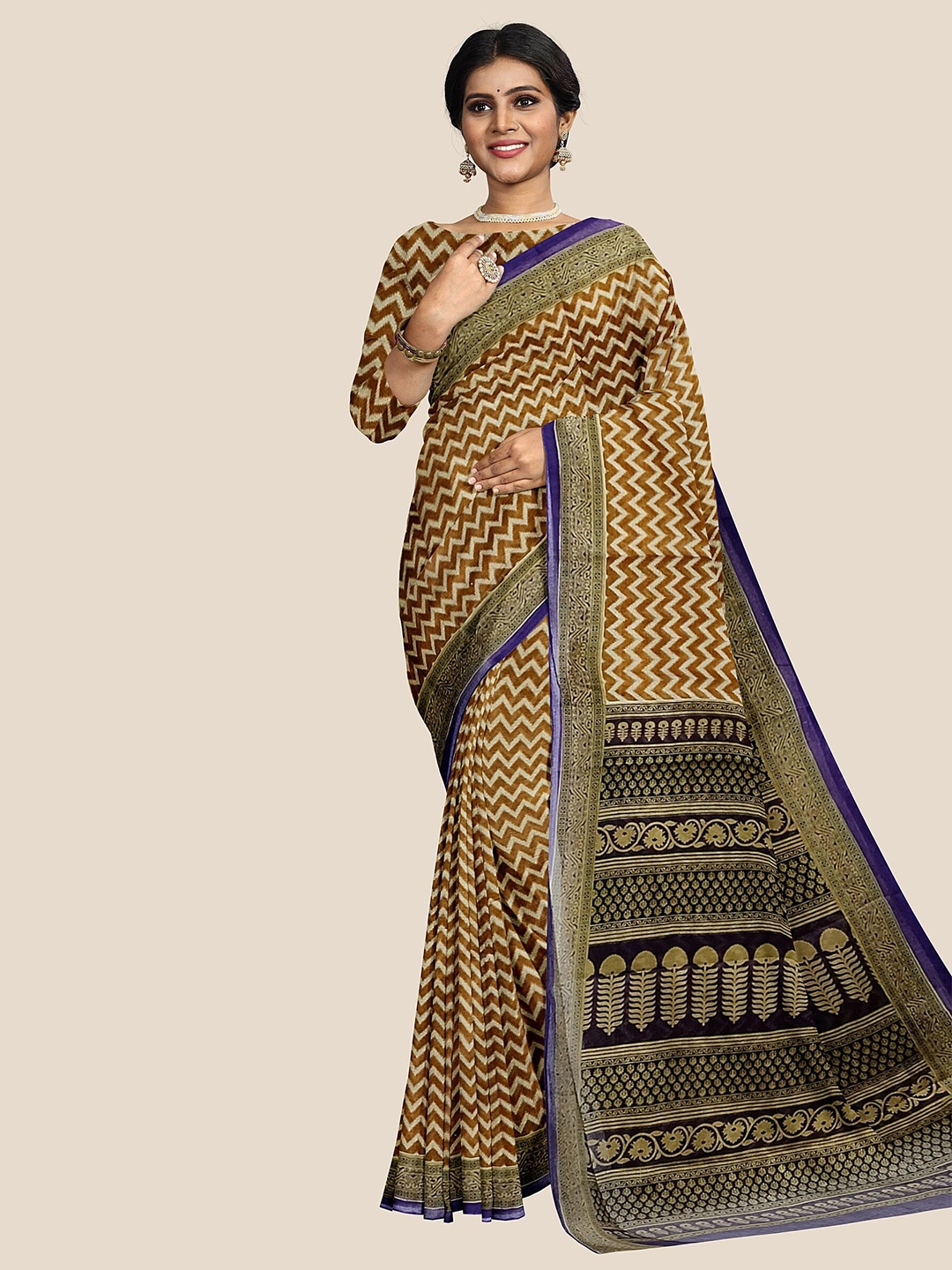 

The Chennai Silks Geometric Printed Pure Cotton Saree, Brown