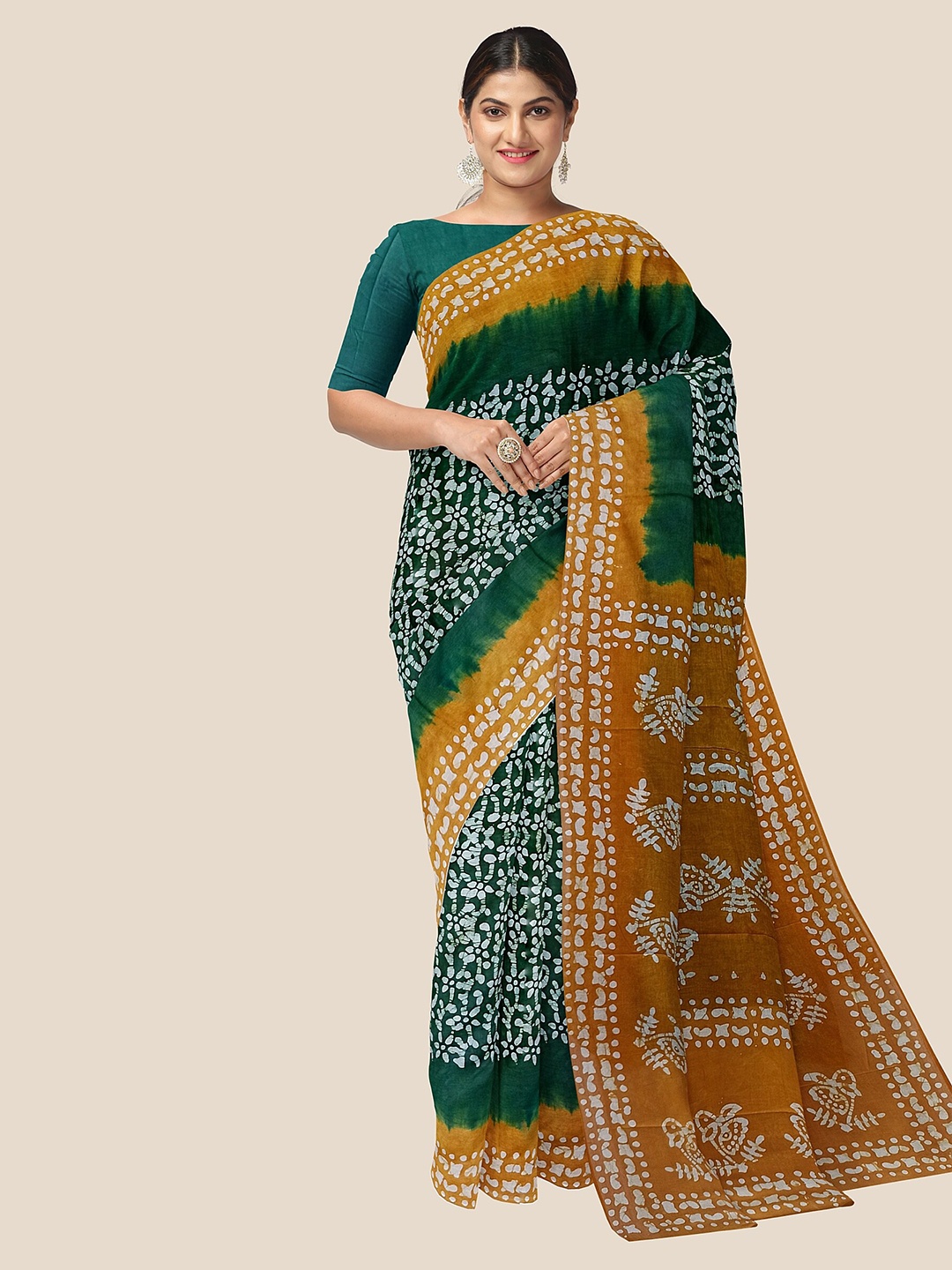 

The Chennai Silks Batik Pure Cotton Fusion Saree, Green