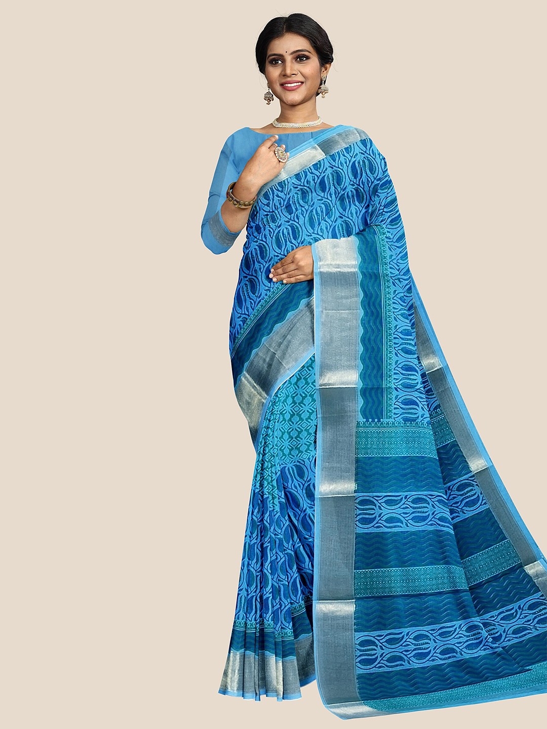 

The Chennai Silks Geometric Printed Pure Cotton Saree, Blue