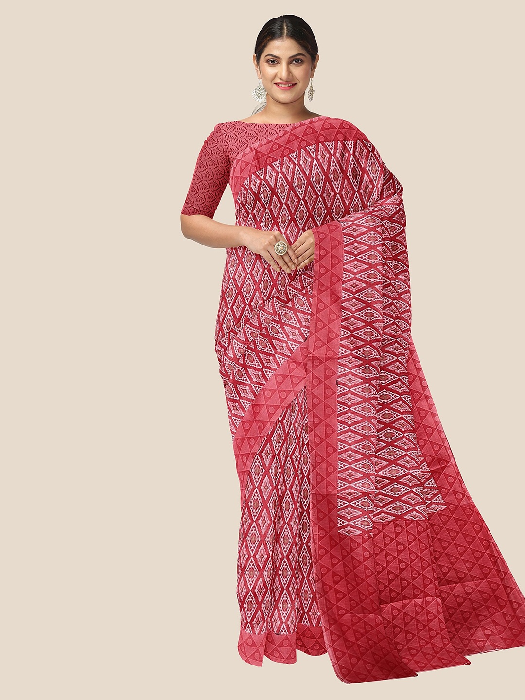

The Chennai Silks Geometric Printed Pure Cotton Saree, Red