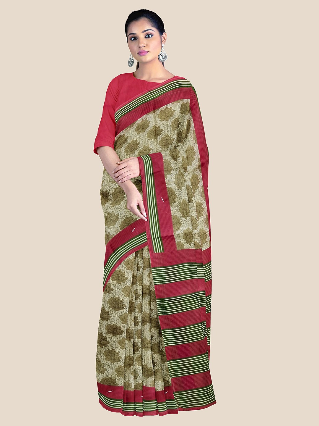 

The Chennai Silks Floral Pure Cotton Saree, Beige