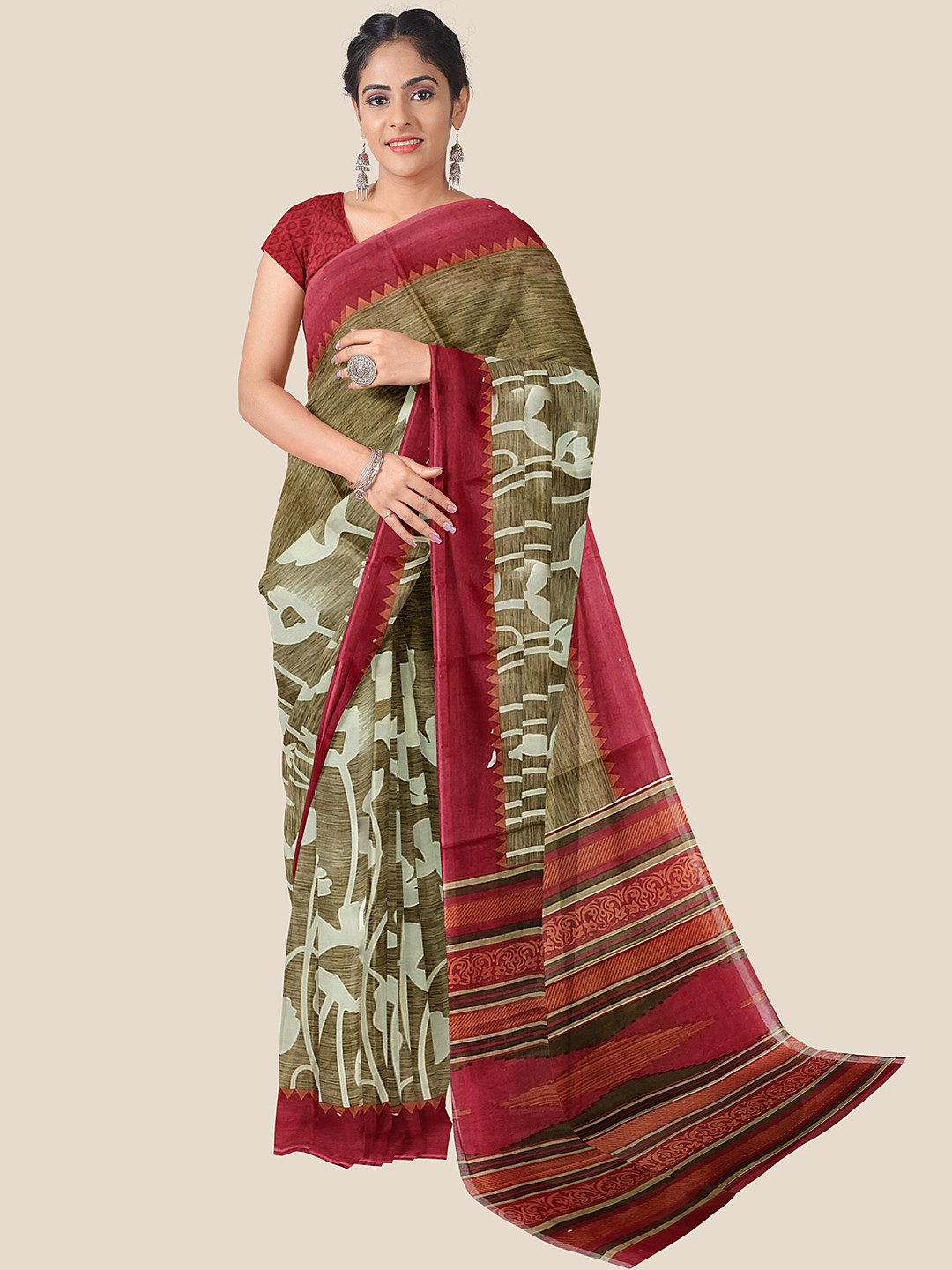 

The Chennai Silks Floral Pure Cotton Saree, Brown