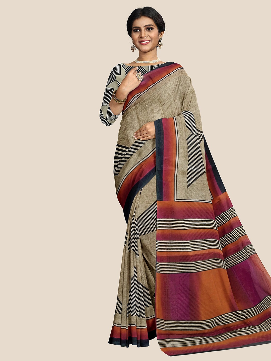 

The Chennai Silks Geometric Printed Pure Cotton Saree, Olive