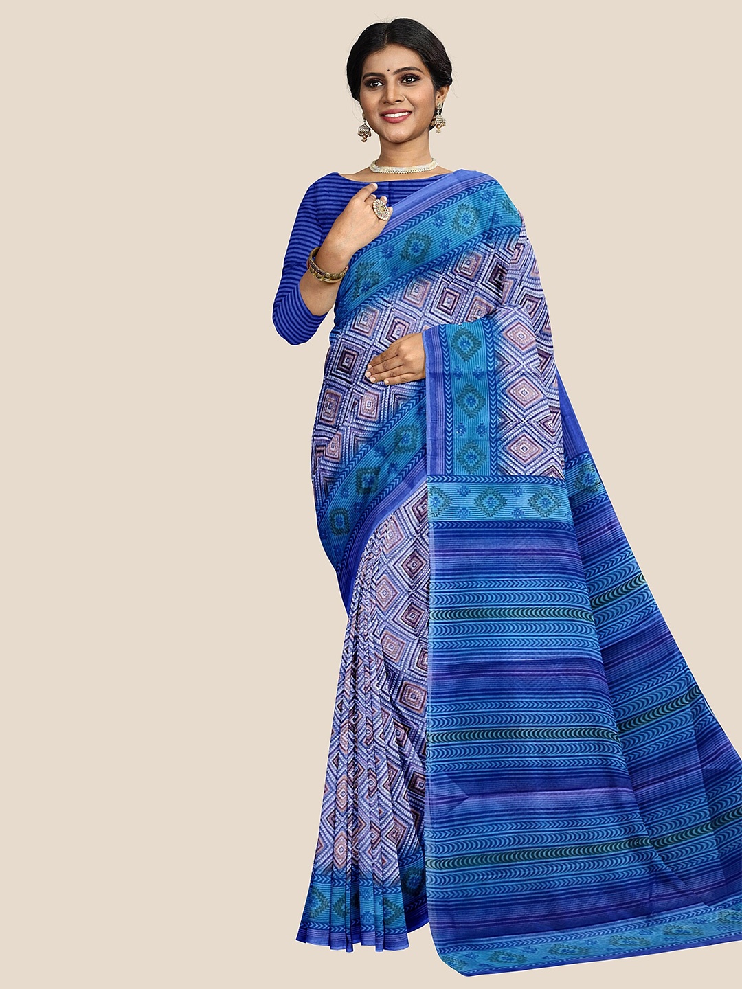 

The Chennai Silks Geometric Printed Pure Cotton Saree, Blue