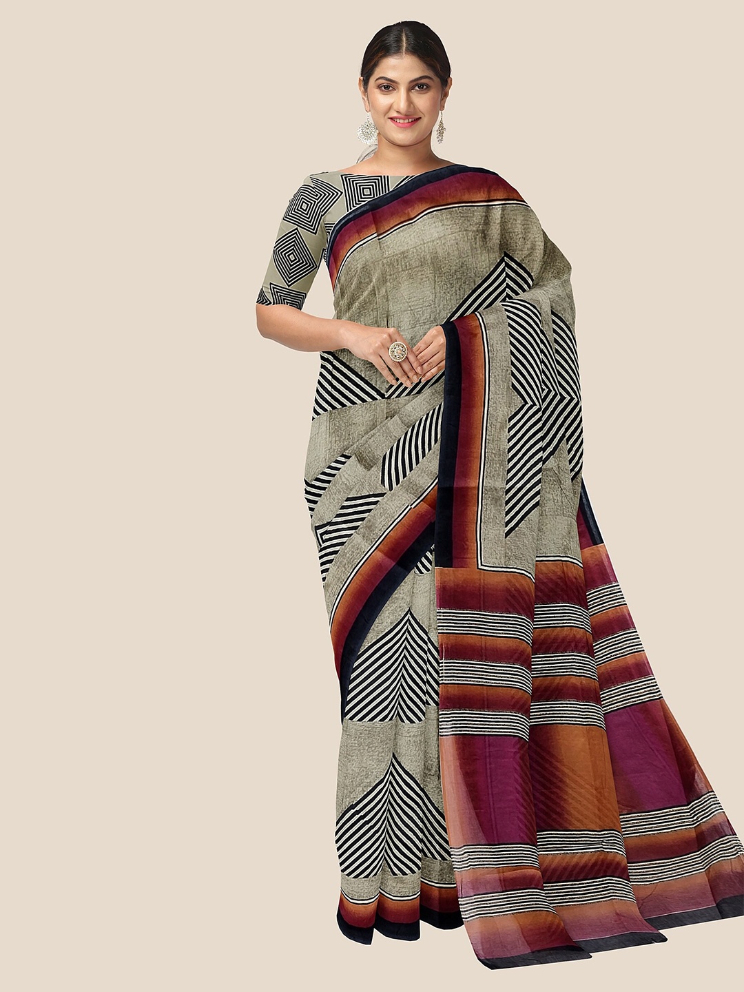 

The Chennai Silks Geometric Printed Pure Cotton Saree, Beige