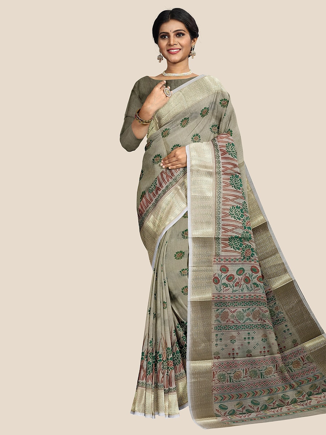

The Chennai Silks Floral Zari Pure Cotton Saree, Beige