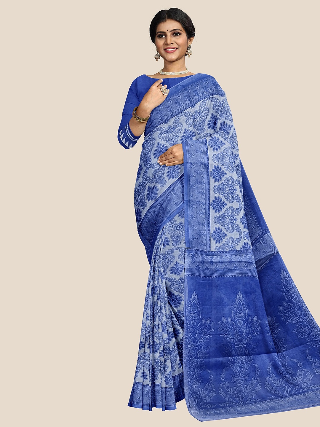 

The Chennai Silks Floral Pure Cotton Saree, Blue