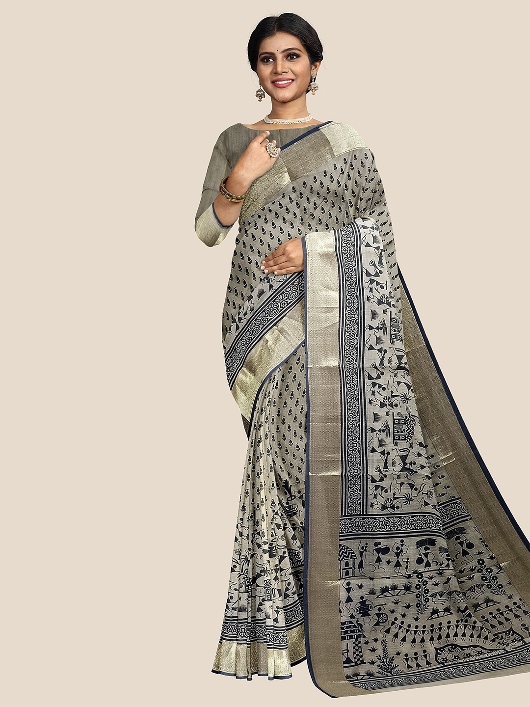 

The Chennai Silks Warli Zari Pure Cotton Saree, Beige
