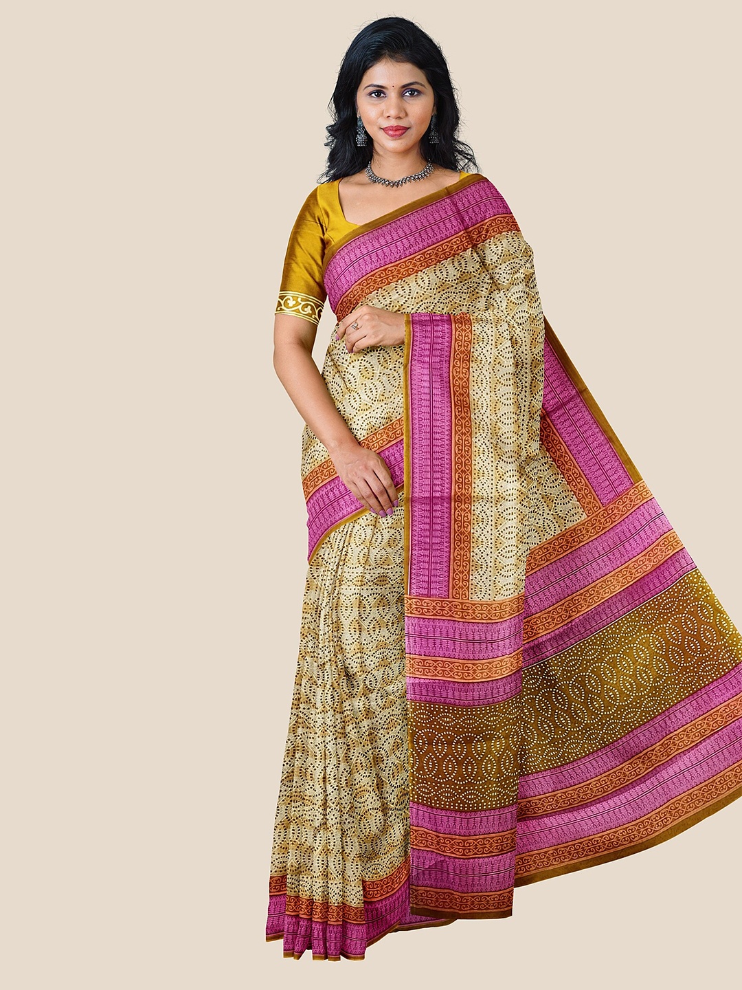 

The Chennai Silks Floral Pure Cotton Saree, Beige