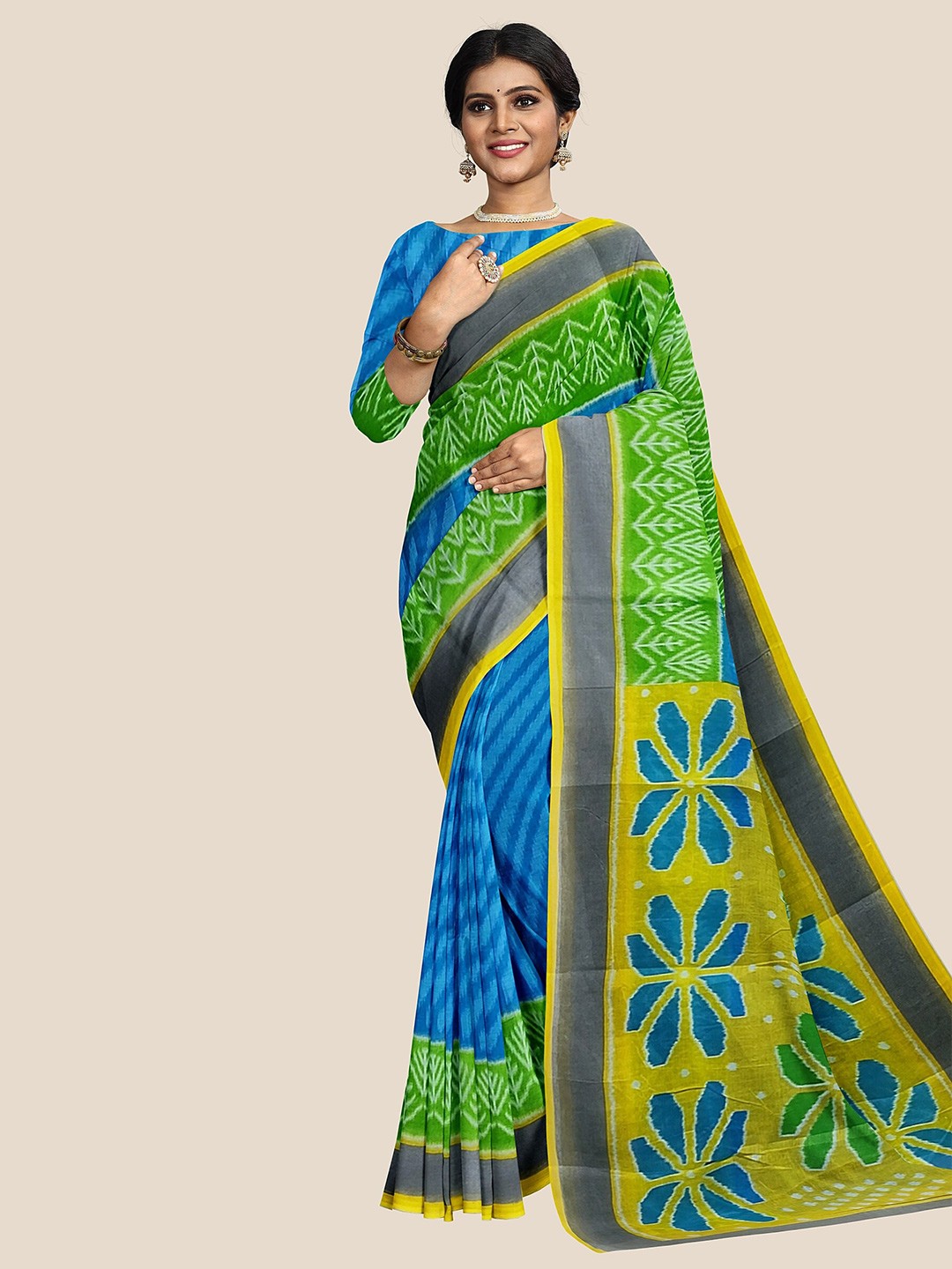 

The Chennai Silks Floral Pure Cotton Ikat Saree, Blue