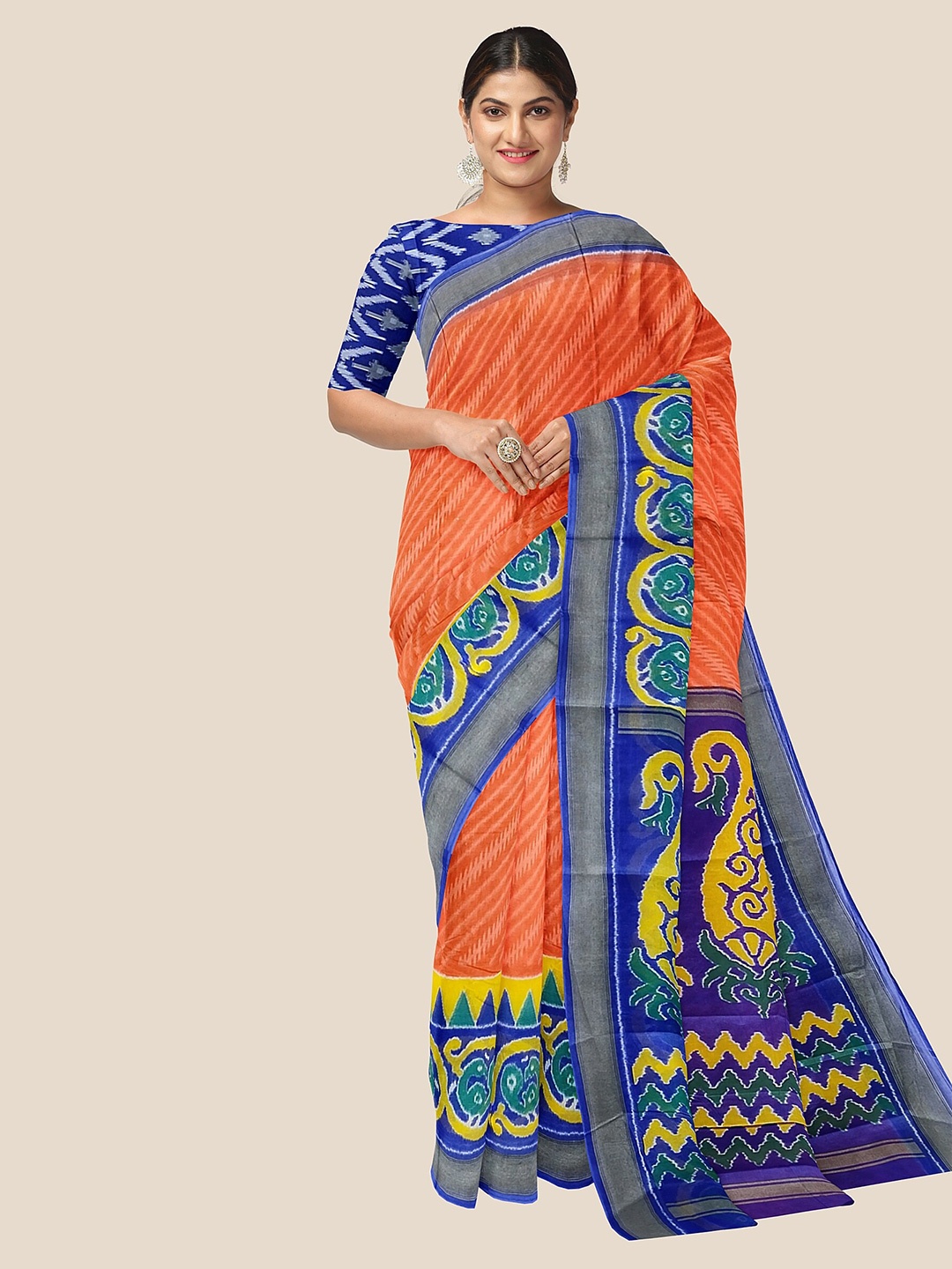 

The Chennai Silks Striped Pure Cotton Ikat Saree, Orange