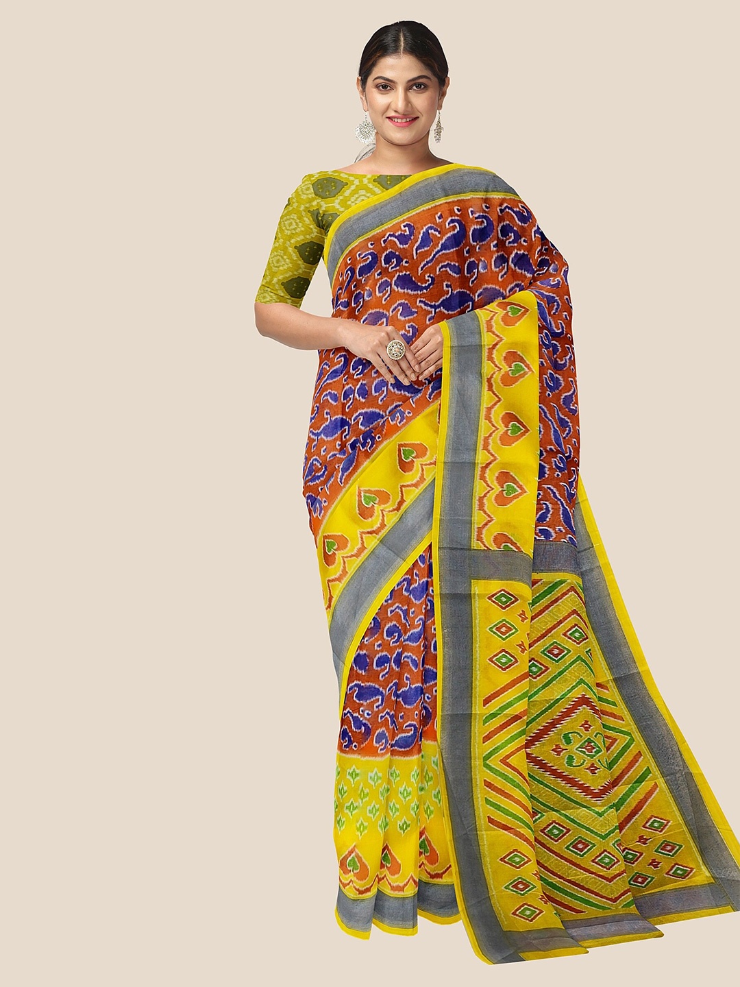 

The Chennai Silks Paisley Pure Cotton Ikat Saree, Orange