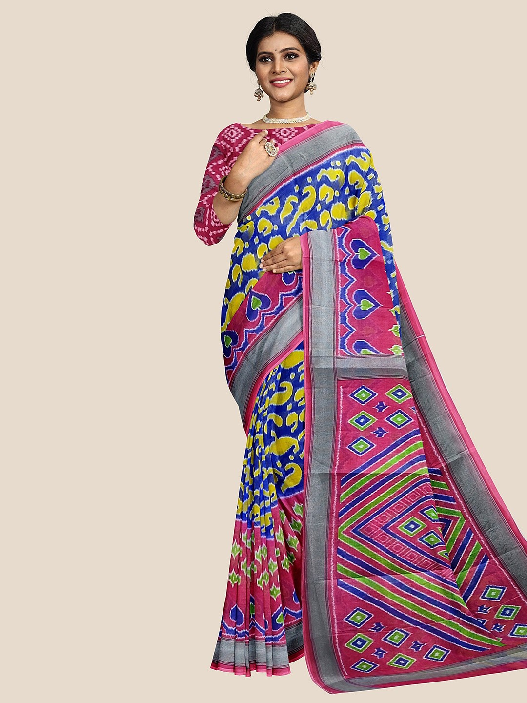 

The Chennai Silks Paisley Pure Cotton Ikat Saree, Blue
