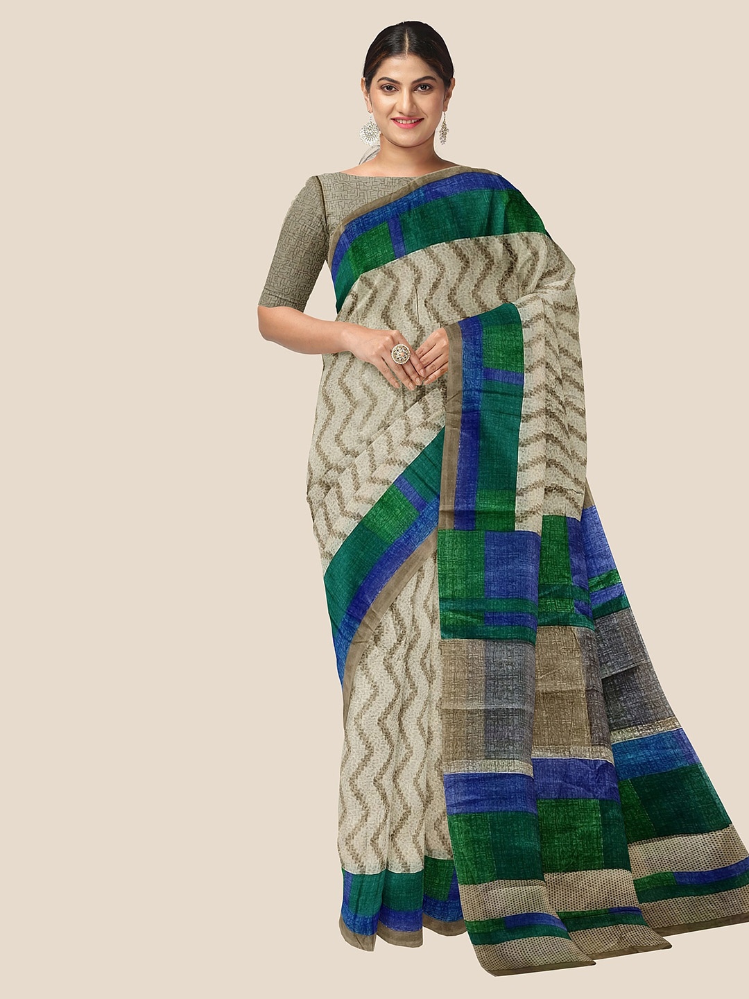 

The Chennai Silks Striped Pure Cotton Saree, Beige