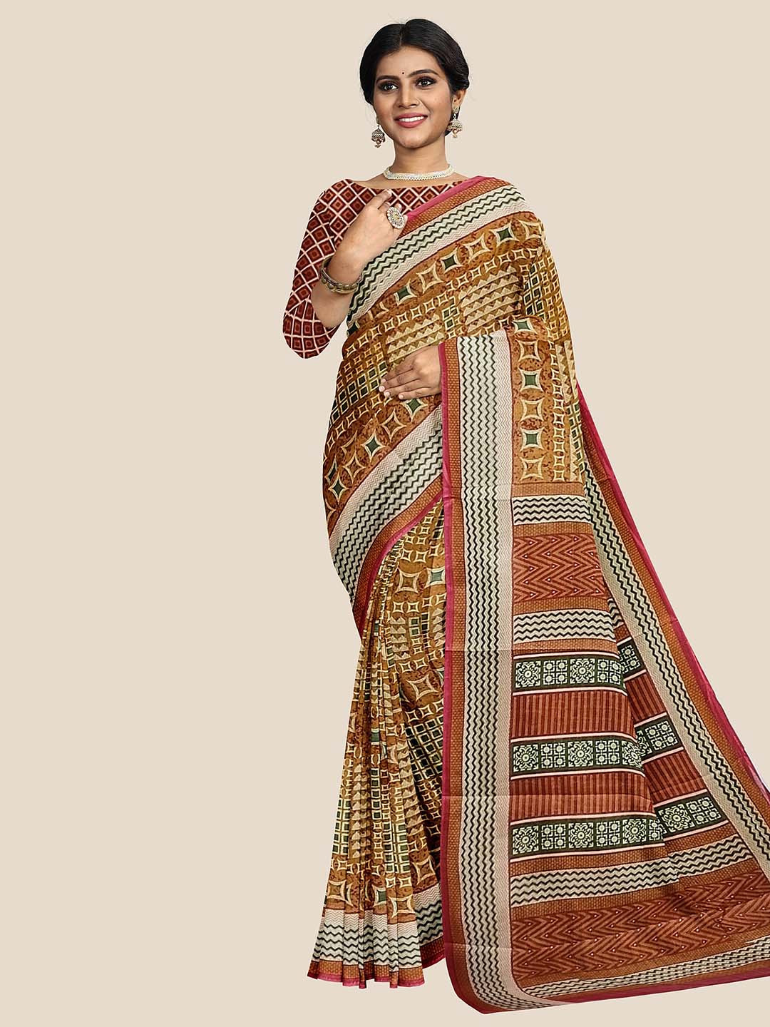 

The Chennai Silks Printed Pure Cotton Saree, Brown