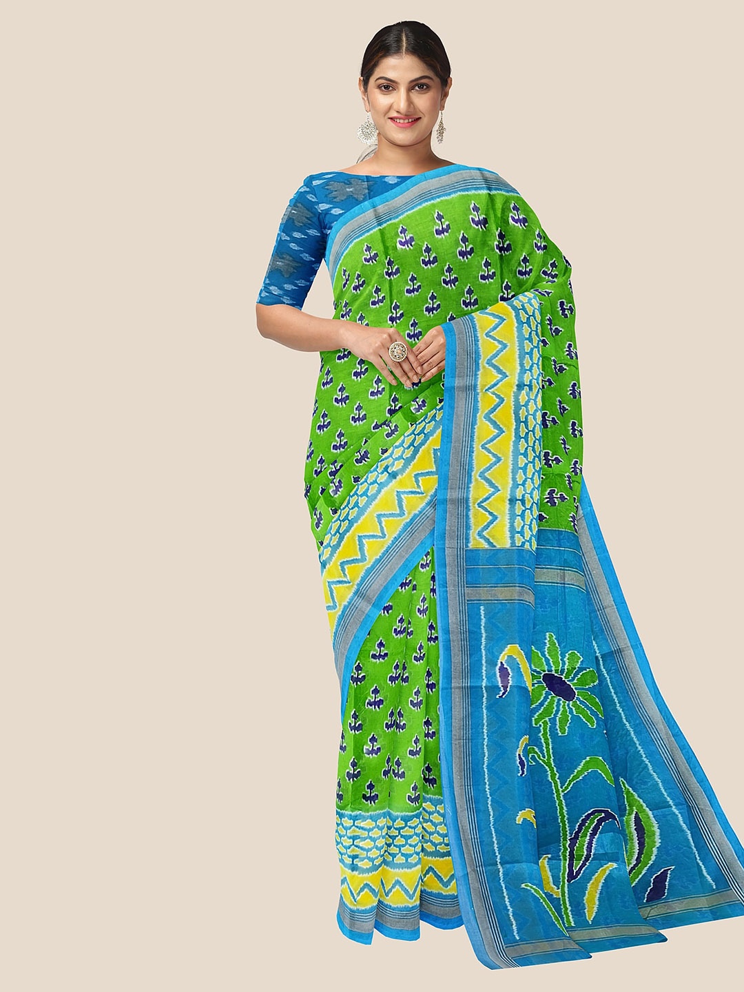 

The Chennai Silks Floral Printed Pure Cotton Ikat Saree, Green