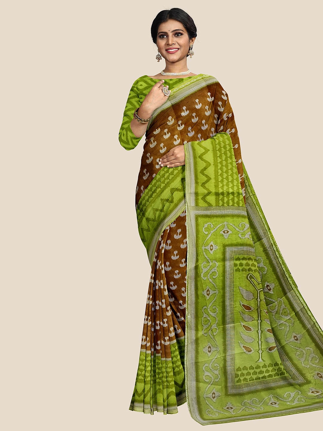 

The Chennai Silks Ethnic Motifs Pure Cotton Ikat Saree, Brown